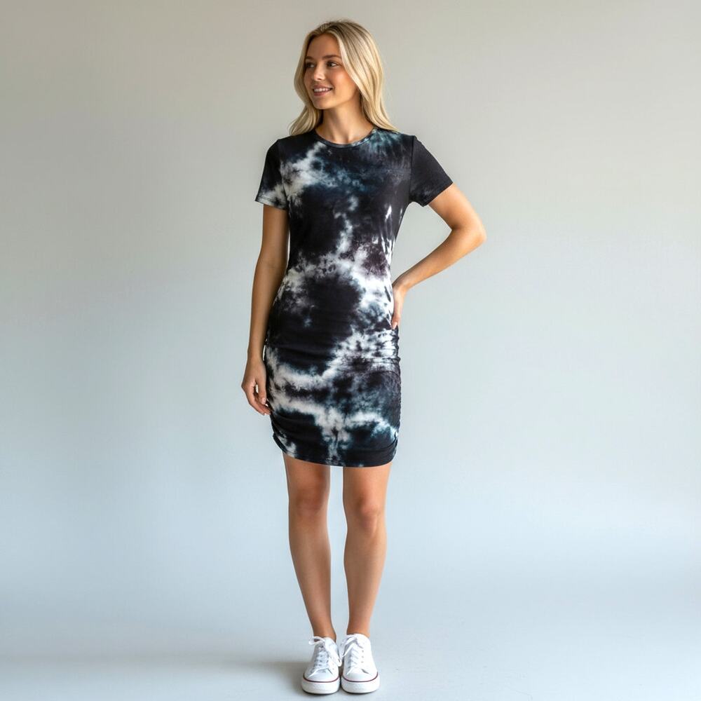 AntiStar Bodycon Ruched Tee Dress Size Small Black & White Tie Dye Short Sleeve